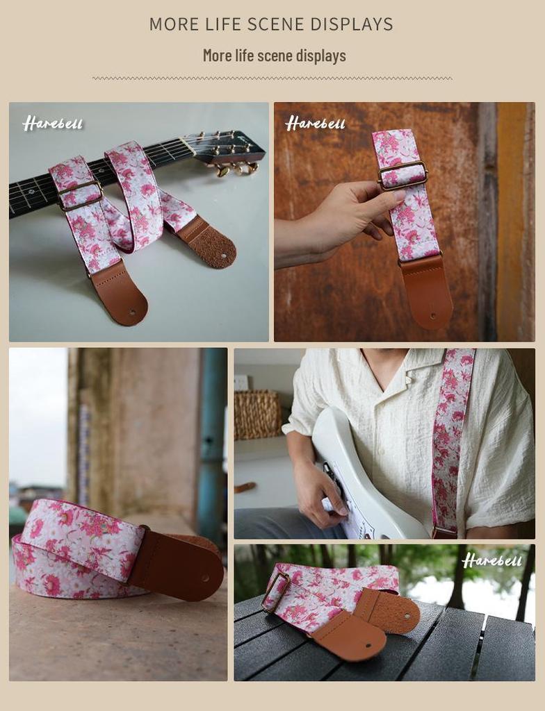 Ethnic Floral Ukulele Strap with Retro Metal Buckles - Pink & Purple Chrysanthemum Design, Model 041-042, Available Now