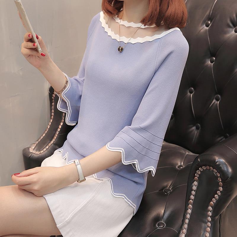 

Женский вязаный свитер Ice Silk, летняя свободная короткая рубашка с рукавами семь четвертей, футболка с круглым вырезом S светло-синий