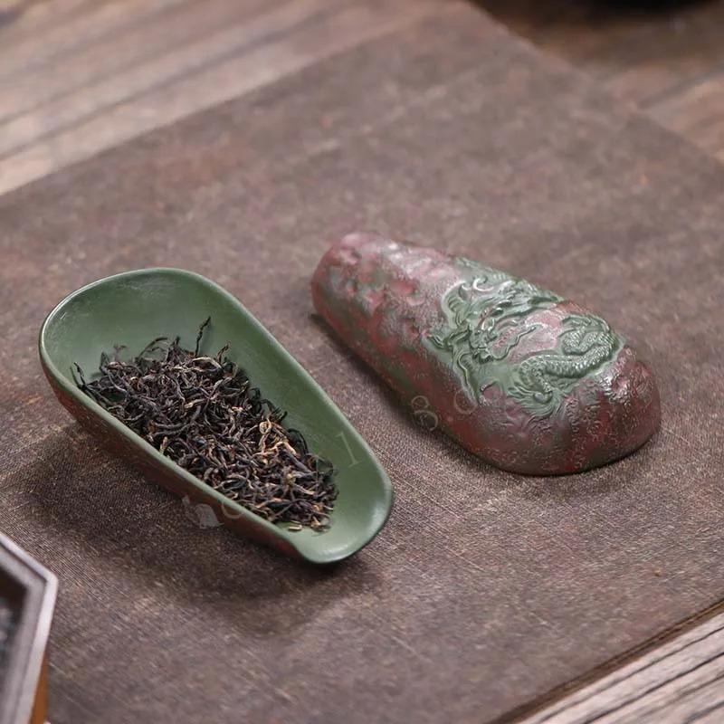 Handmade Dargon Pattern Purple Clay Tea Scoop Boutique Leaf Container Chahe Shovel Awakening Tea Ladle Ceremony Craft