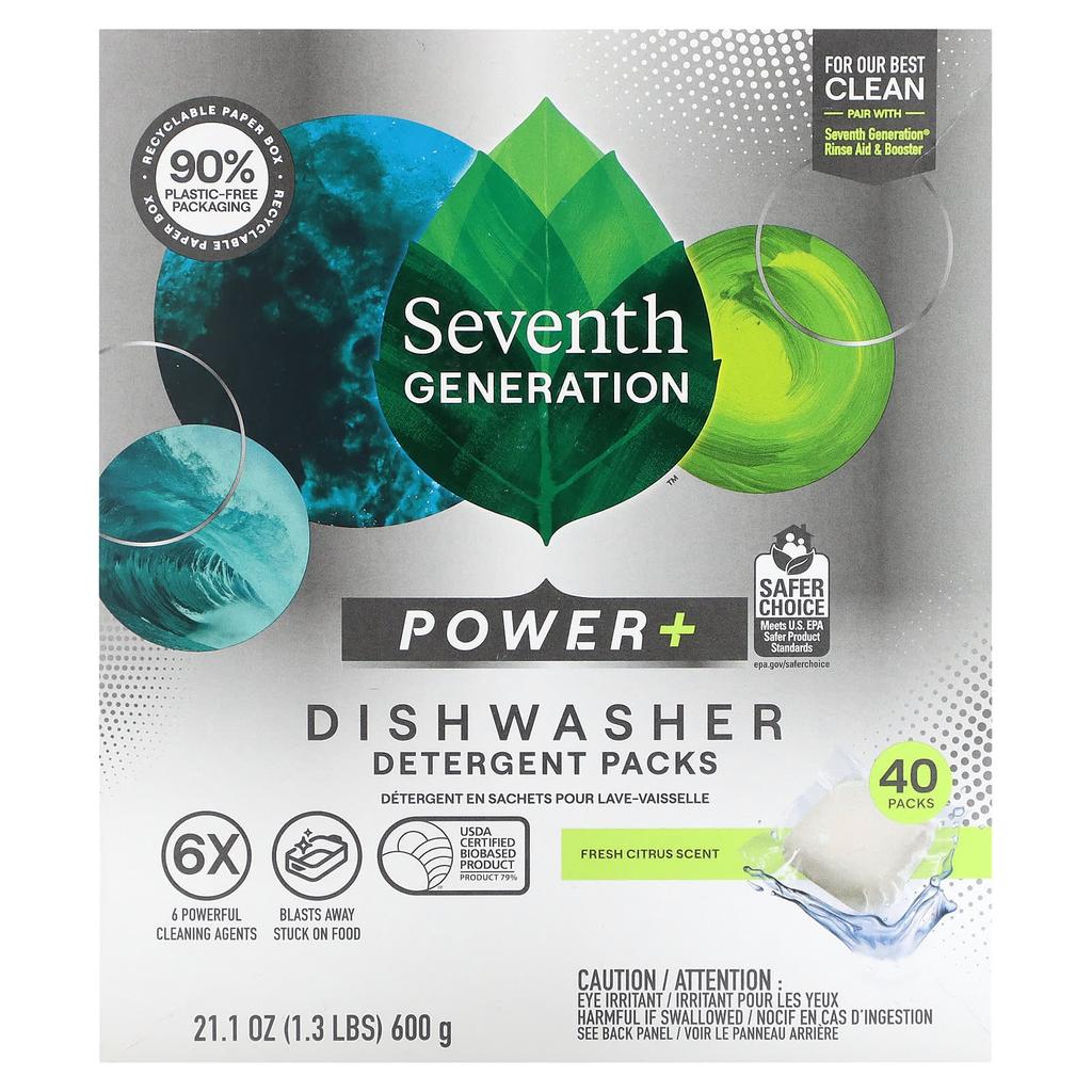 Power+ Dishwasher Detergent Pack, Fresh Citrus Scent, 40 Packs, 600G (21.1Oz)