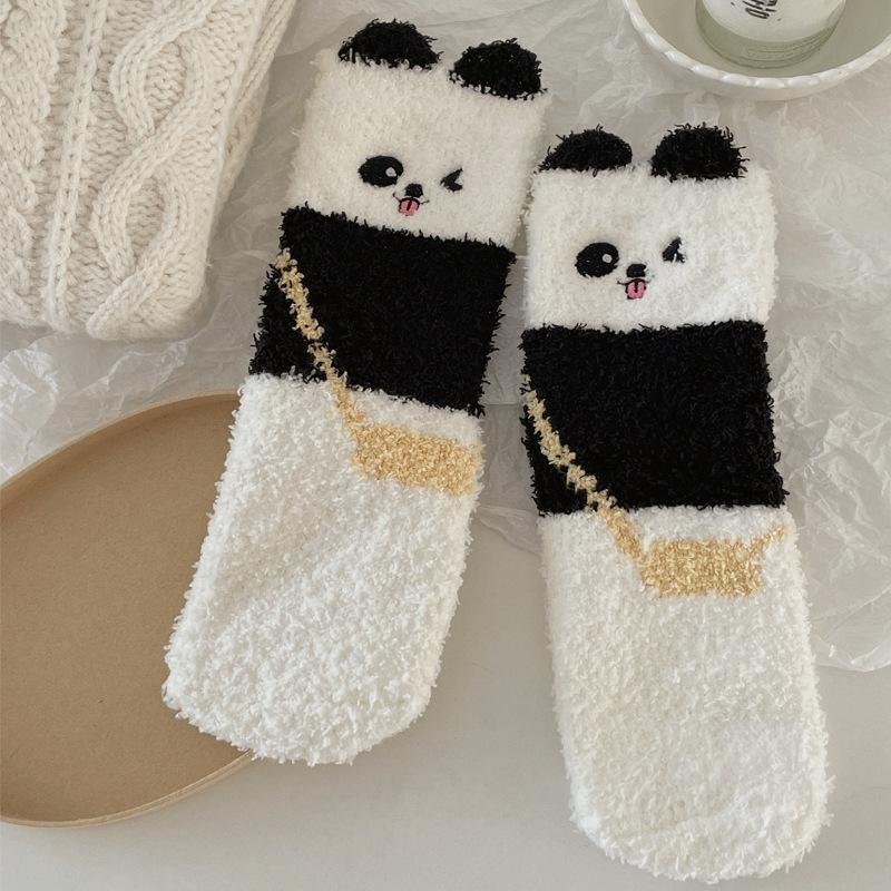 Autumn and Winter Coral Fleece Socks for Women's Home, Cute and Fluffy Panda Thickened Warm Sleep Socks, Floor Socks, Mid-calf Socks