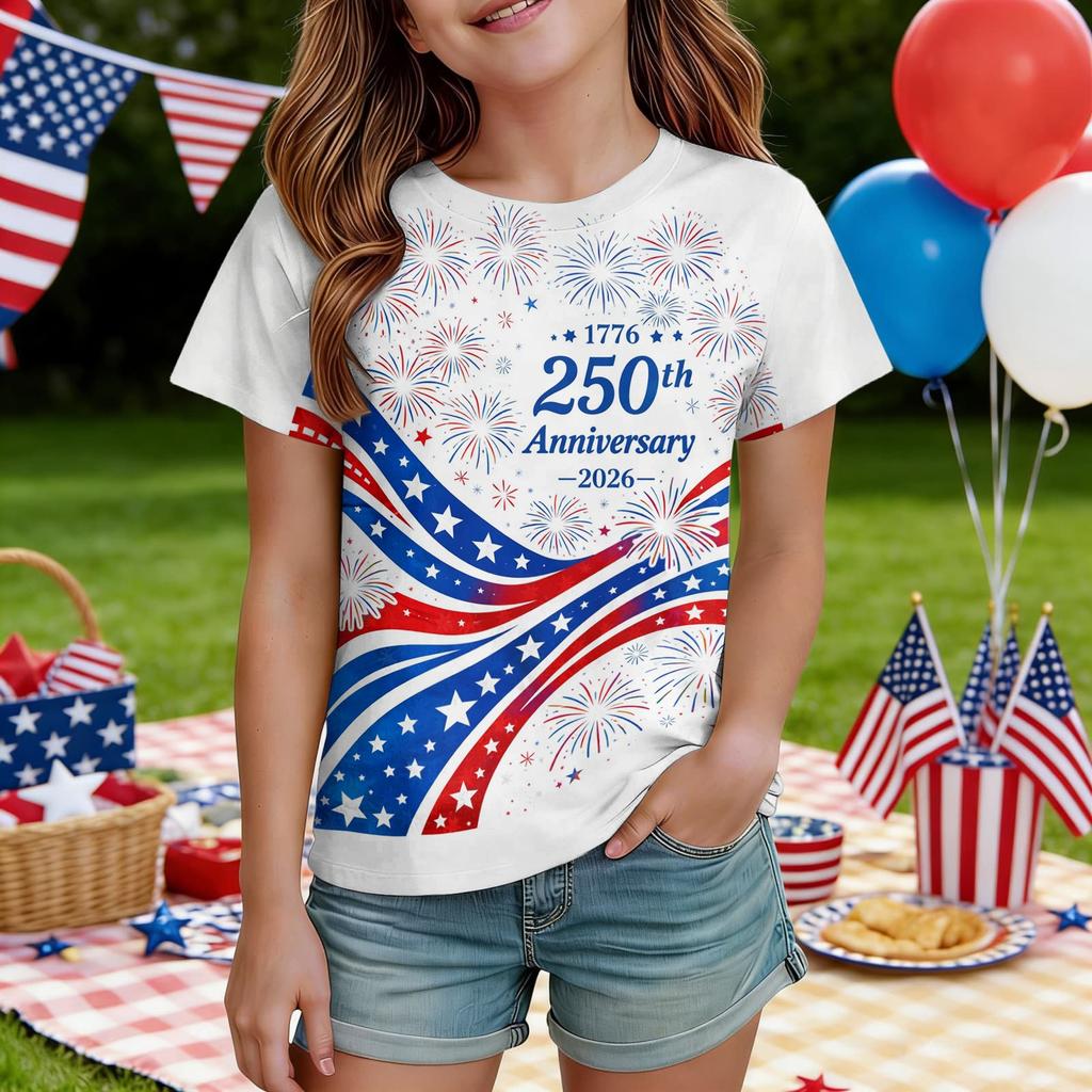 Kids Independence Day Print Round Neck Short Sleeve Casual T-shirt