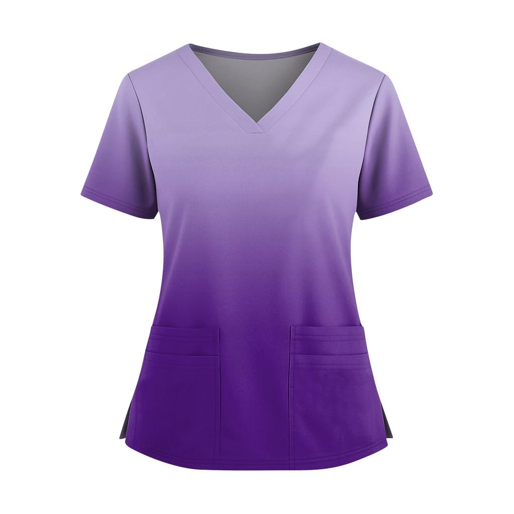 Women's Fashionable Printed V Neck Double Pocket Short Sleeved Shirt With Slit Hem Uniform And Worker Top