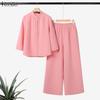 ZANZEA Women 3/4 Sleeve Blouse and Pants Casual Two Piece Suit Sets