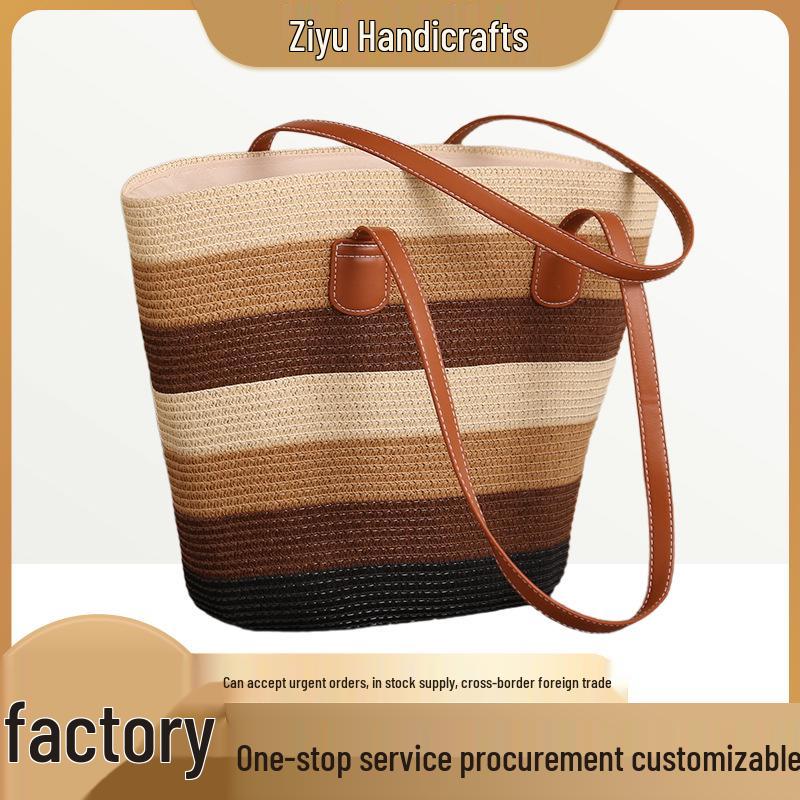French Striped Straw Tote Bag - Large Capacity for Travel, Vacation, Beach, and Casual Commutes