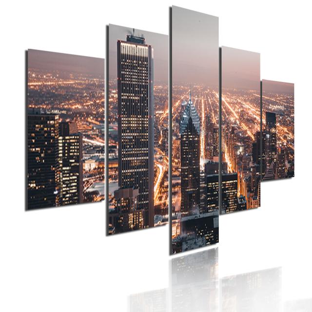 Wall Art Metropolis Skyscrapers Canvas Painting 5 Pieces Modular Picture Bustling City Night Poster HD Printed for Home Decor