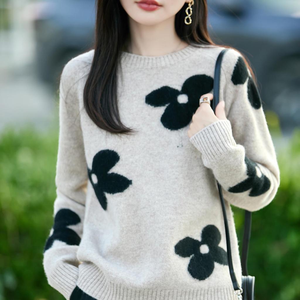 Women's 100% Pure Wool Color Block Jacquard Knit Sweater - Round Neck, Loose Fit, Thick for Autumn/Winter