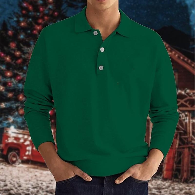 Spring and Autumn Long Sleeve V-Neck Buttons Men's Casual Top Polo Shirt