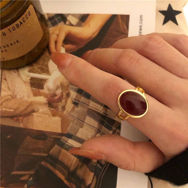 French Vintage Red Oval Women's 925 Silver-Plated Adjustable Ring - Korean Style Influencer Chic