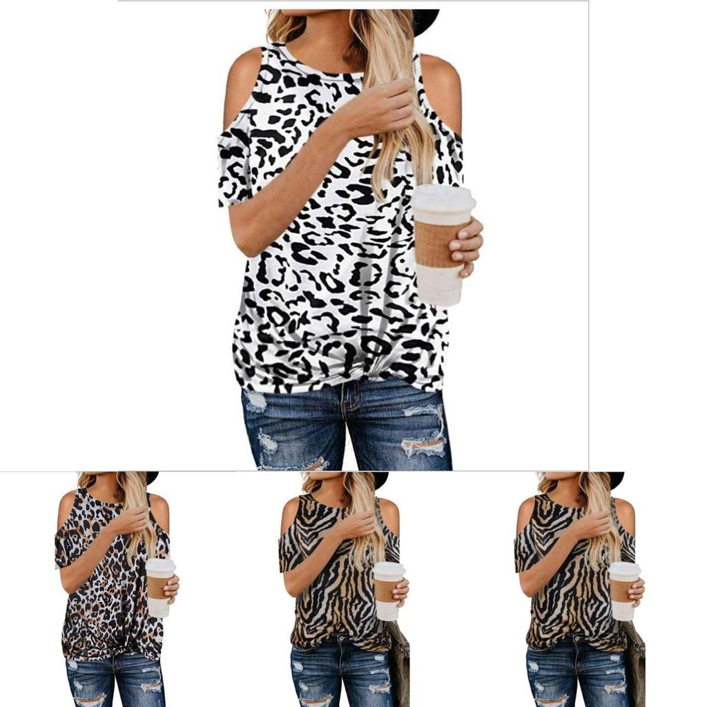 Stylish Women's Leopard Print T-shirt Featuring Cold Shoulder Design Perfect For Summer Wear