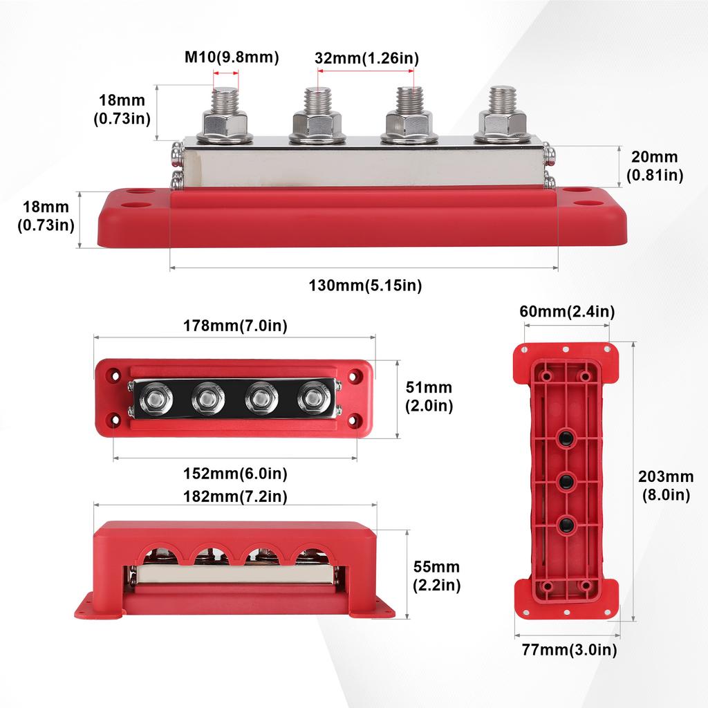 Car Distribution Block Bus Bar Terminal Block Stud Brass Contact Plates M10 3/8" 12-48V 600A DC For Boat Camper RV Accessories