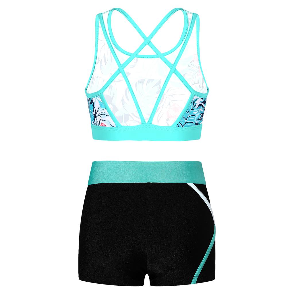 Completo Sportivo da Ragazza Senza Maniche Scollo a U Spalline Incrociate sulla Schiena Crop Top Stampato Pantaloncini a Vita Bassa Elastica