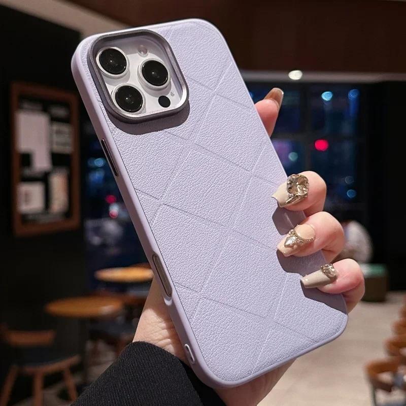 Luxury Plaid Leather Soft Edge Hard Phone Case for iPhone 16 15 14 Pro Max Anti Drop Protective Bumper Cover