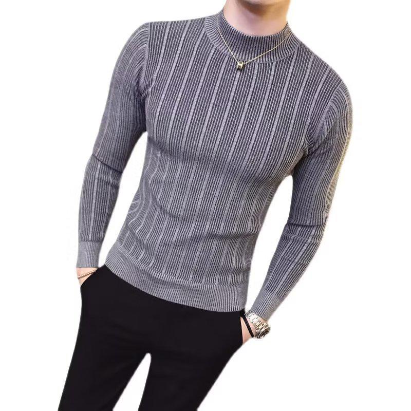 2026 Men's Striped Slim-Fit Knitwear: Autumn/Winter Long-Sleeved Half-High Neck Base Layer