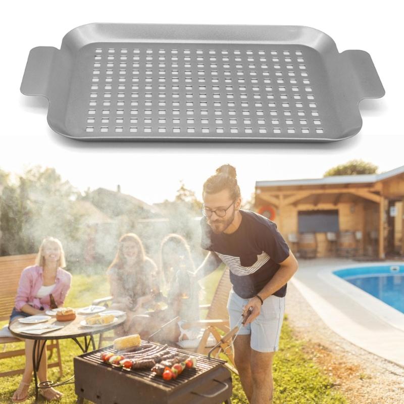 2 Stück Ofen Backform Keksblech Metall Grillplatte BBQ Grillpfanne mit Löchern und Griff Barbecue Grillkorb