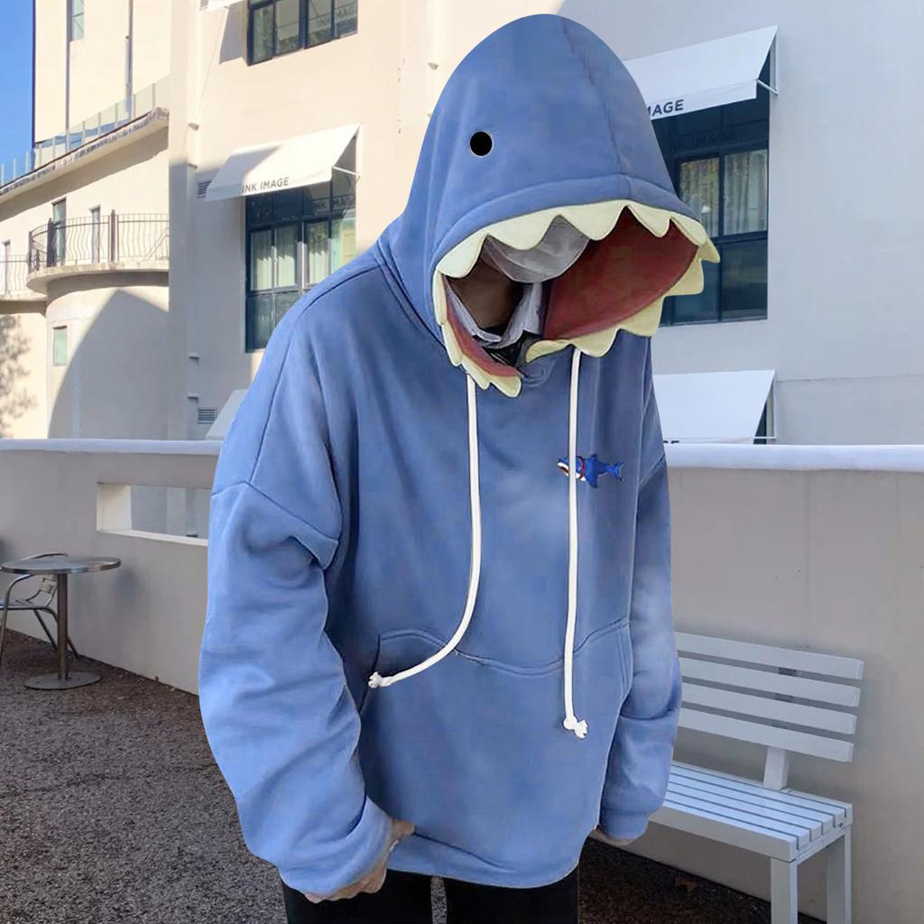 Women's Casual Loose Fit Pullover Hoodie with Shark Design Hood and Front Pocket Long Sleeve Sweatshirt for Everyday Wear