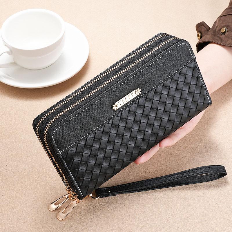 Women’s Double Zipper Long Wallet Woven PU Leather Clutch Purse Large Capacity Wristlet Wallet Card Holder Phone Wallet with Strap
