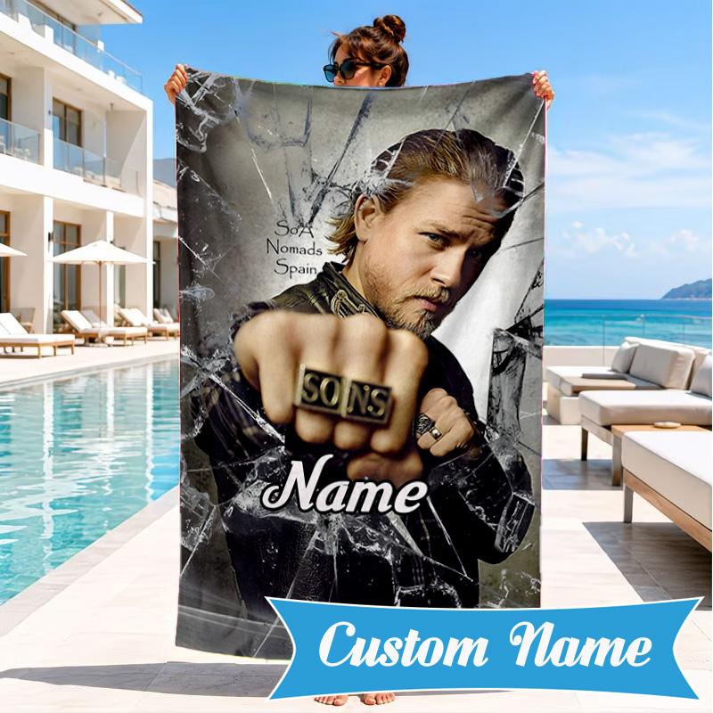 Custom Name Group Portrait Sons Heart In Space Adventure Microfiber Beach Towel, Lightweight for Summer Travel, Swimming Pool Fan Gift