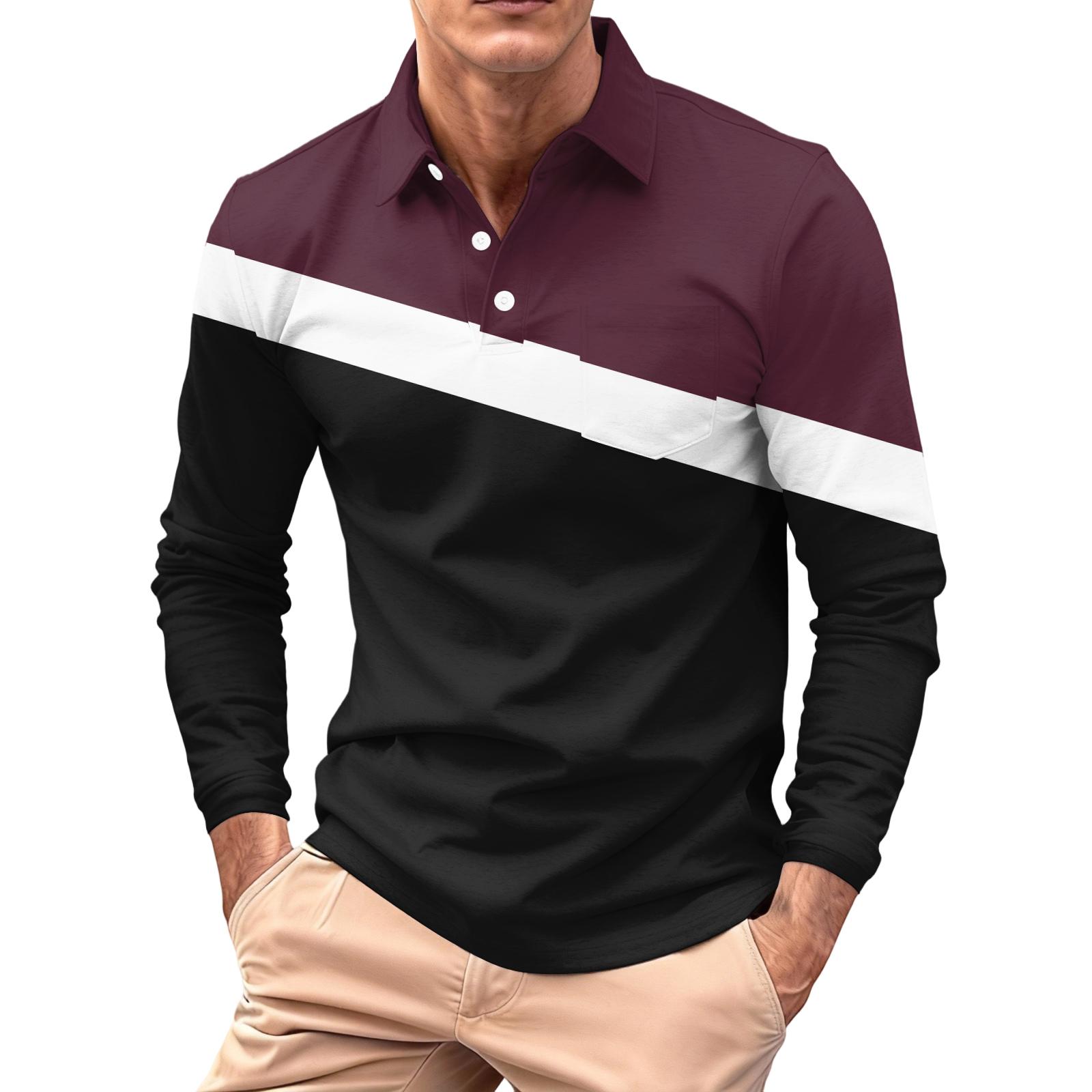 

Men s Long-sleeved Collared Button-down Pocket Casual Top XXL винний