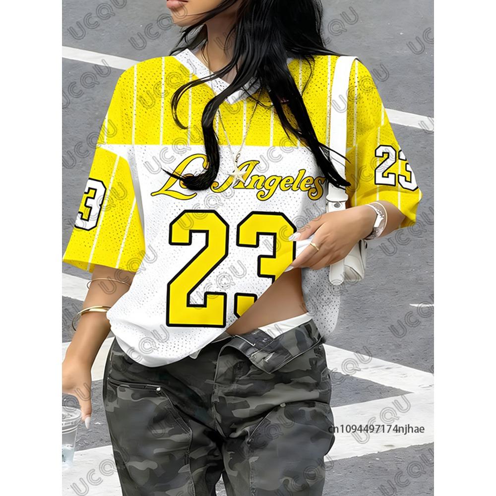 T-shirt a Strisce Estiva Nuova con Stampa Los Angeles 23 per Donna Scollo a V Patchwork Manica Corta Maglia Sportiva da Calcio Top Oversize Y2K