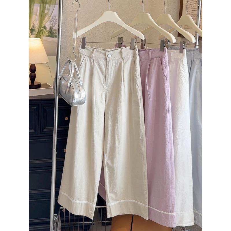 Thirteen Lines of Quality Washed Cotton High Waist Thin Wide-leg Pants Girls Summer Lace Flanged Nine-point Straight-leg Pants