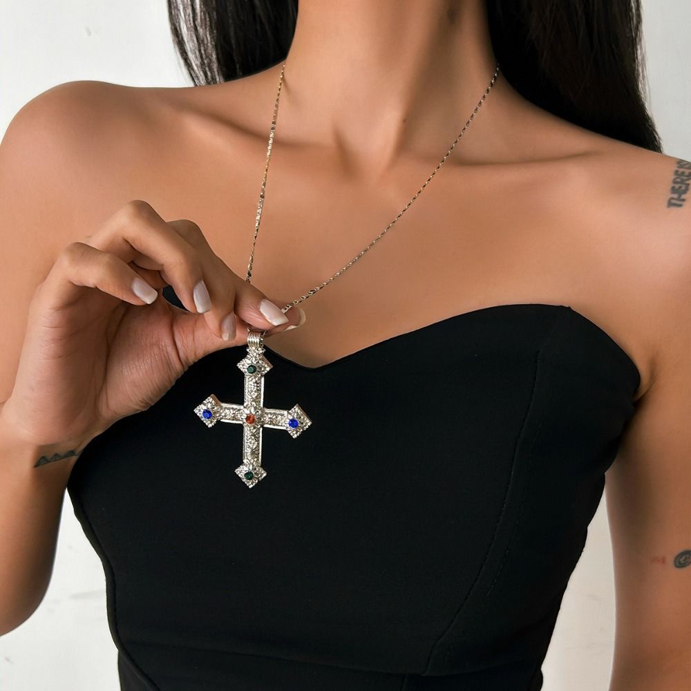 

Long Chain Exaggerate Earrings Goth Retro Clavicle Chain Cross Pendant Necklace Party Jewelry Style1-Gold