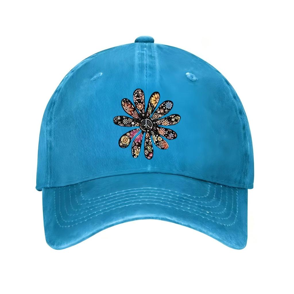Peace Sign Flower Print Baseball Cap Distressed Cotton Adjustable Casual Hat for Adult Unisex