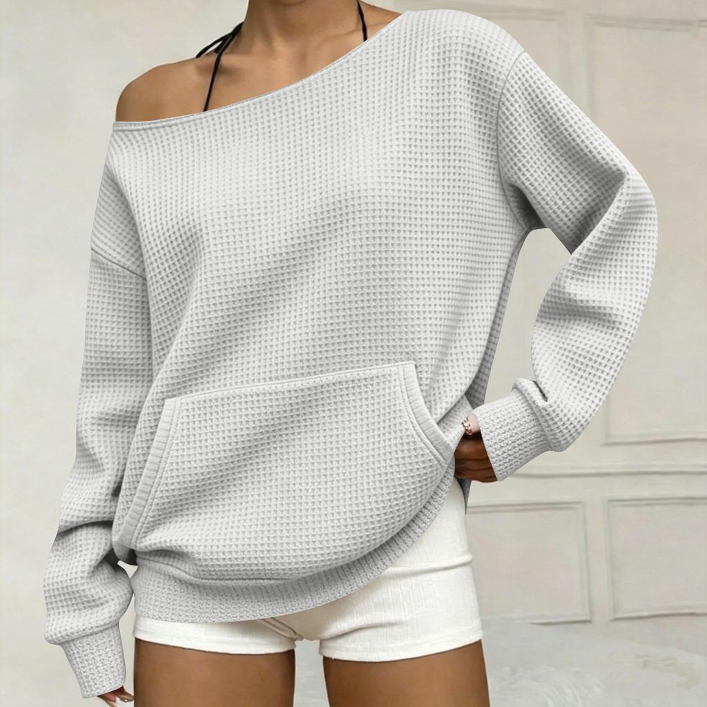 Felpa da Donna a Spalle Scoperte in Maglia a Manica Lunga con Tasche - Vestibilità Larga Colore Casual