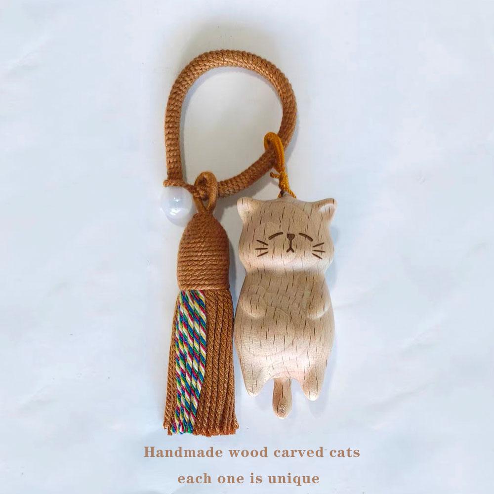 Handmade Wood Carving Cats Bag Charms Keychain Purse Accessories Cute Mini Tassels Pendants Suitable for Bags Backpack