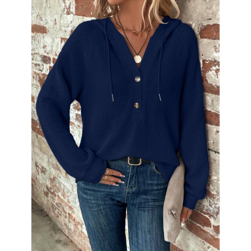 Women S Solid Color Hooded Buttoned Long Sleeve Sweatshirt