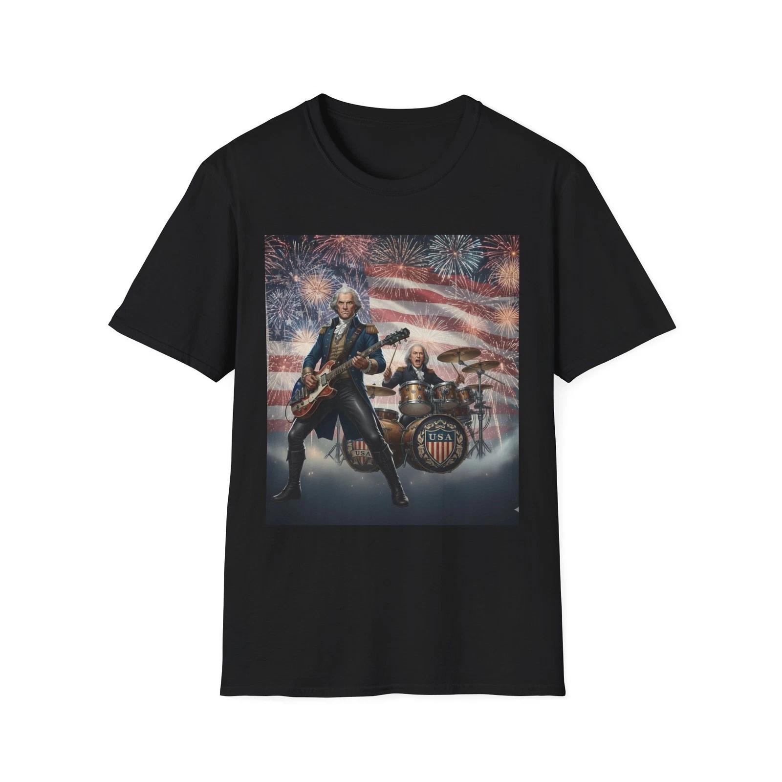 George Washington and Ben Franklin Rock Out Funny Patriotic T-Shirt - Great Gift XL