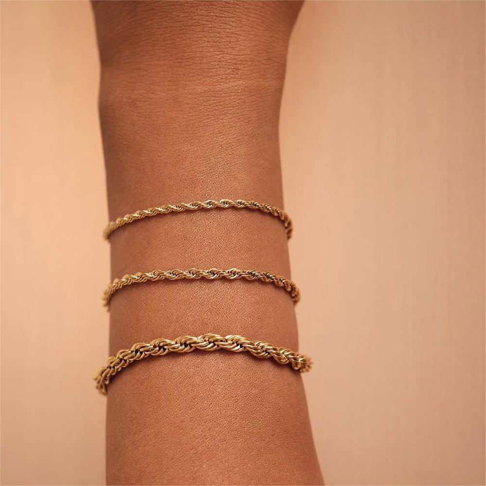 EMANCO 10PCS Wholesale 2/3/4/5MM Gold Color Twisted Rope Chain Bracelet, Stainless Steel Hip Hop Punk Fashion Jewelry for Women