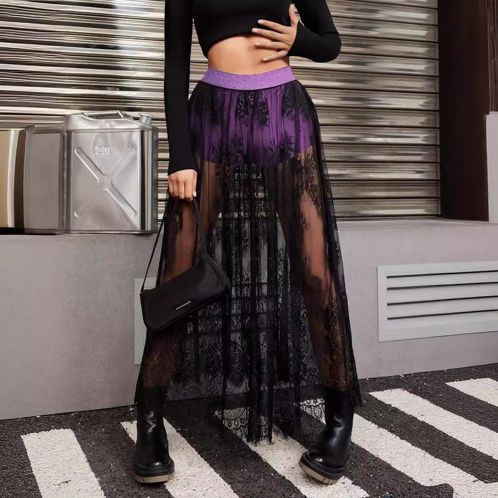 European and American women's summer new dark gothic lace sheer skirt, long skirt, gothic trending buzzword