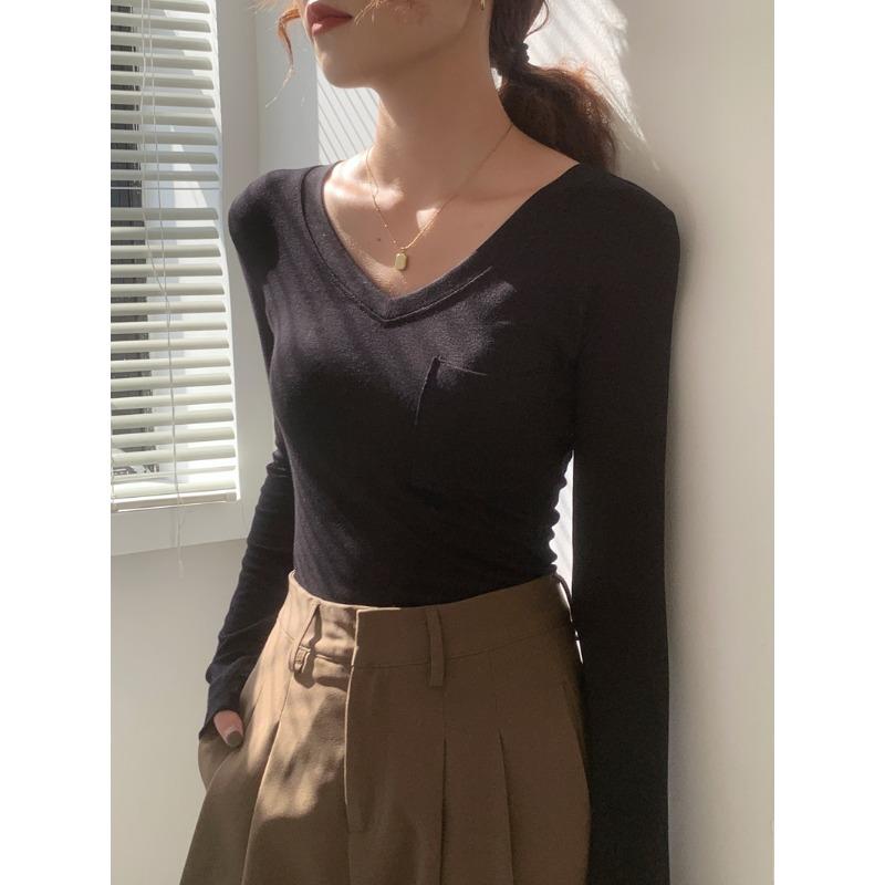 Women Simple Solid V Neck Slim Fit Long Sleeve Inner T Shirt Top