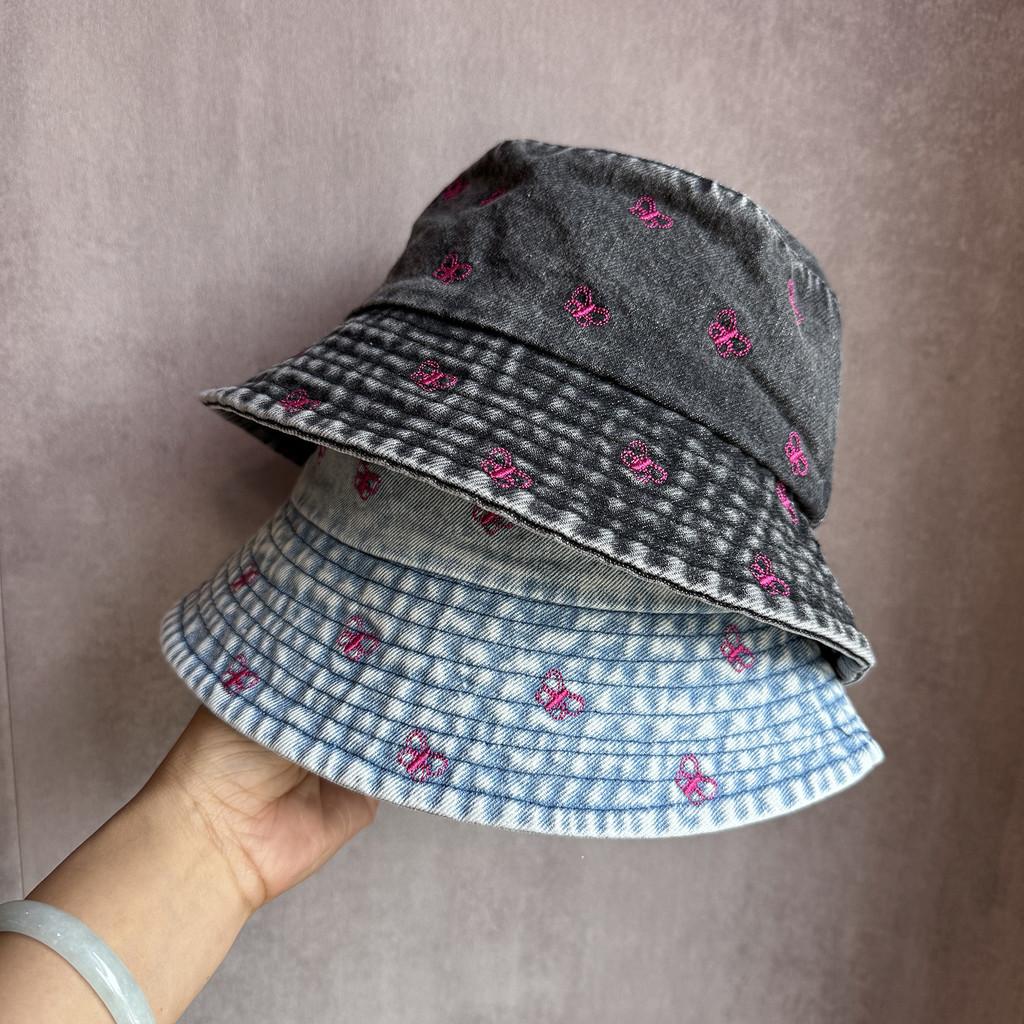Bucket Summer Sunshade Hat Cotton Denim Material And Embroidered Cartoon Women