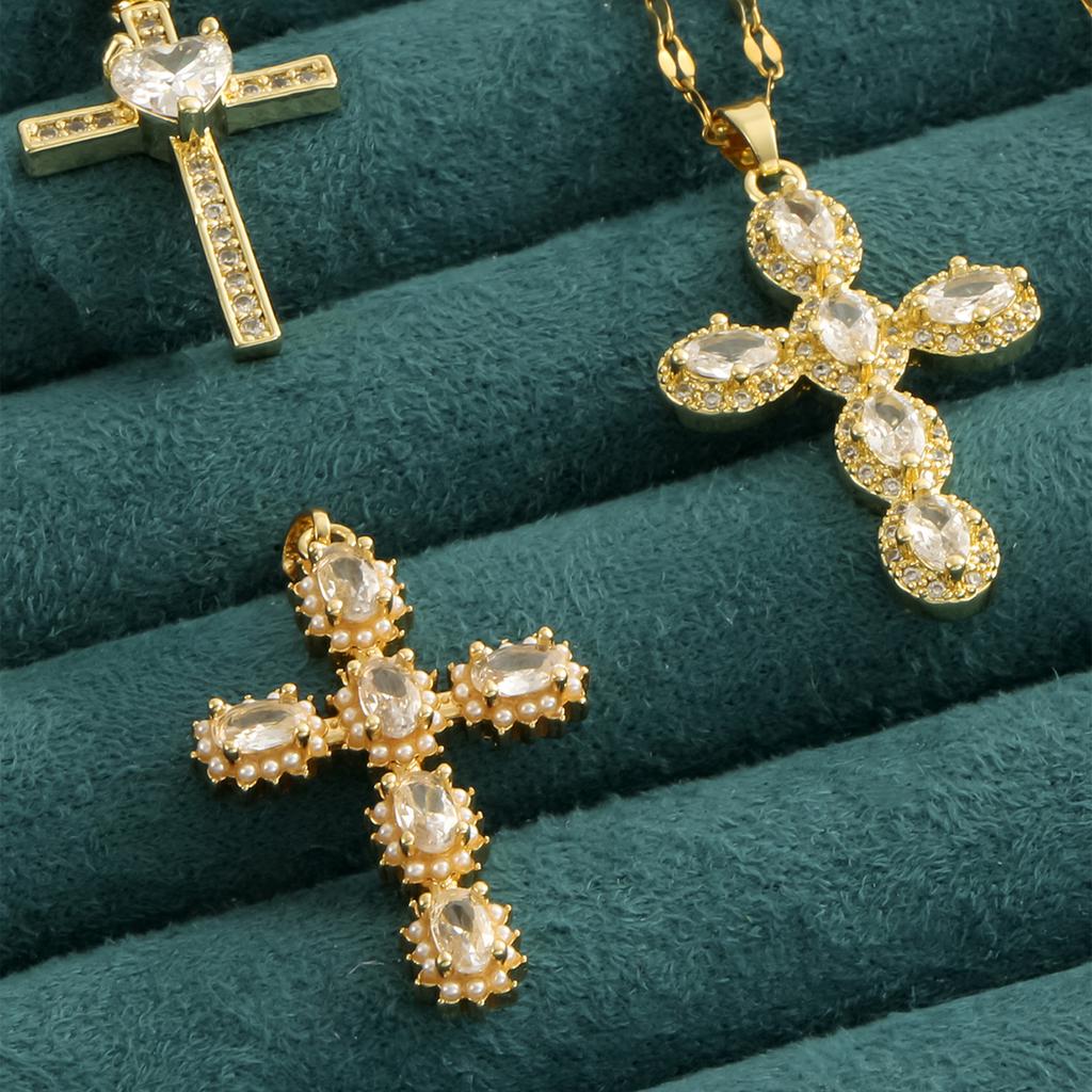 1 pearl shell inlaid zircon cross pendant for women's sexy style stainless steel plated 18k gold necklace