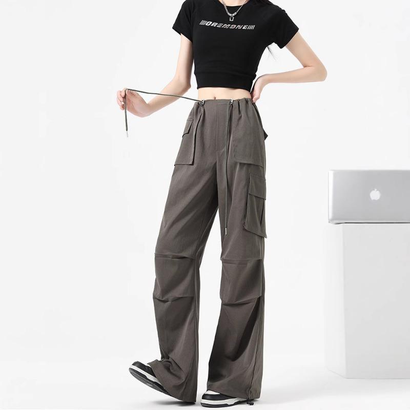 Vintage drawstring pleated wide-leg overalls women's spring high-waisted small pocket casual pants