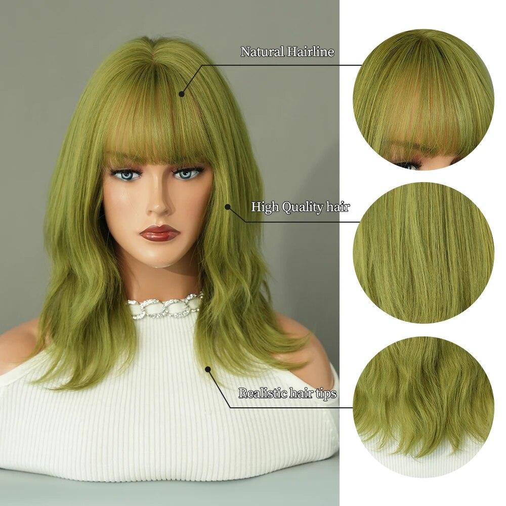 Perucă verde pentru femei Perucă de păr sintetic Bob până la umăr Perucă ondulată Cosplay Party Perucă de Halloween pentru femeie cu păr fals