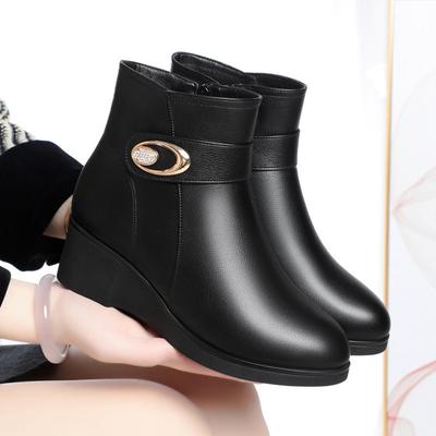 Soft Leather Women'S Round Toe Zipper Anti-Slip Cotton Shoes Mother Winter Wool Fur Wedges Thick Sole Warm Snow Boots