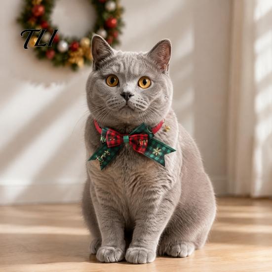 Holiday Cat Bow Christmas Pet Collar, Adjustable Collar with And Bell, Accessories Plaid Print for Cats, Small Dogs, Wear Festive Costume