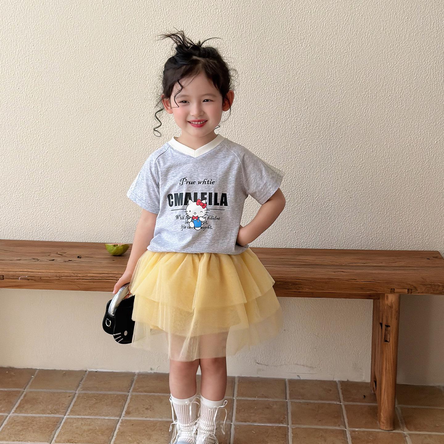 Girls 2026 Summer Korean Style Cartoon Short Sleeve & Skirt Set 120 cm