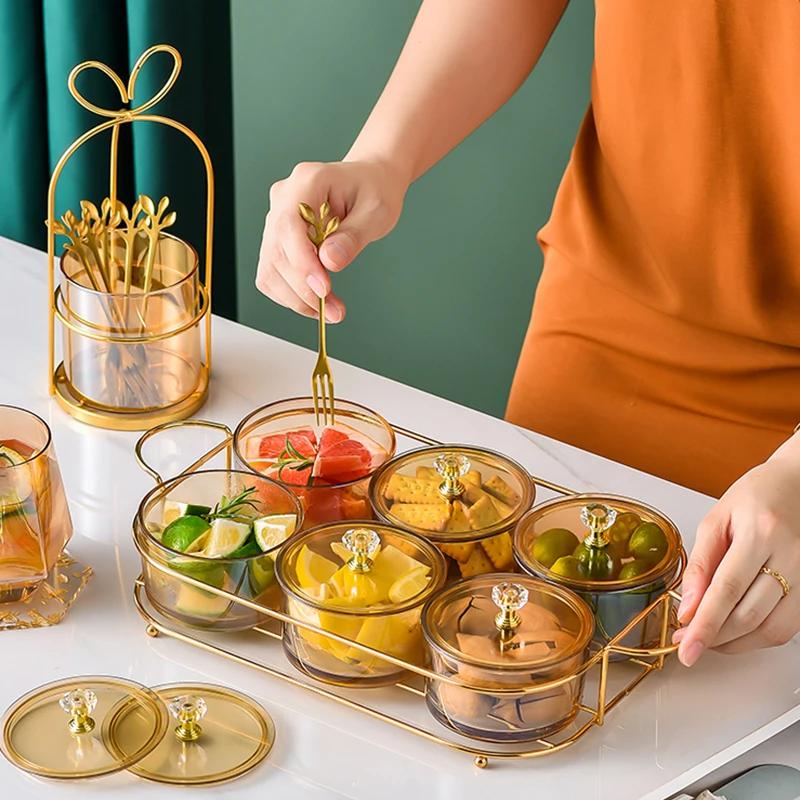 Nordic Luxury Glass Tableware Small Fruit Dessert Snack Serving Bowls with Dustproof Lid Household Party Food Serving Plates
