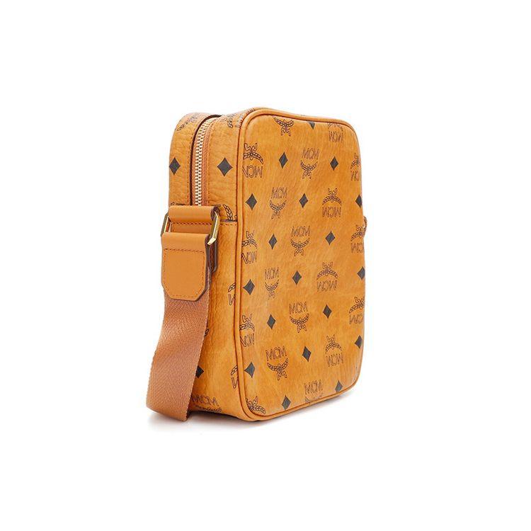 MCM Borsa a tracolla mini in pelle con monogramma Visetos Classico, tracolla regolabile, cerniera, da uomo, colore Marrone Cognac MMRAAKC04CO001