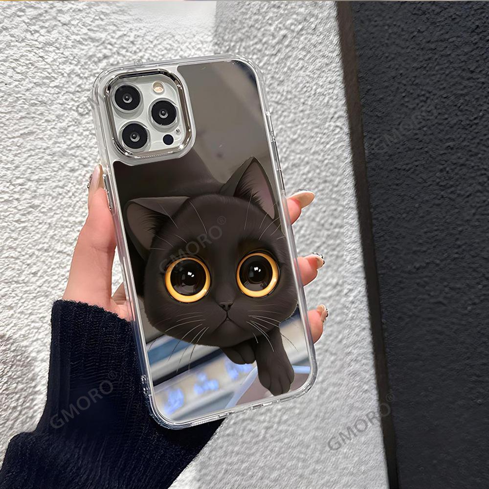Funny kitten suitable for apple 16promax mirror mobile phone case high value iphone17 girls makeup mirror