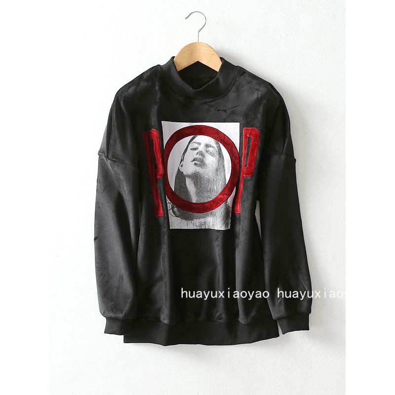 

Beauty Patch Fashion Idle Style Loose Velvet Padded Thickened Sweater Female Fall and Winter Pullover Stand Collar Pleuche Top Black One size