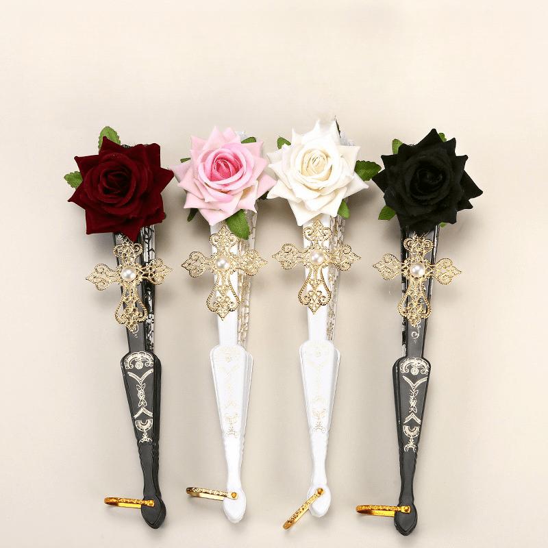 Elegant Black Lace Folding Fan with Rose Details, Fashion Accessories for Weddings, Parties and Balls - Ideal Gift for Women