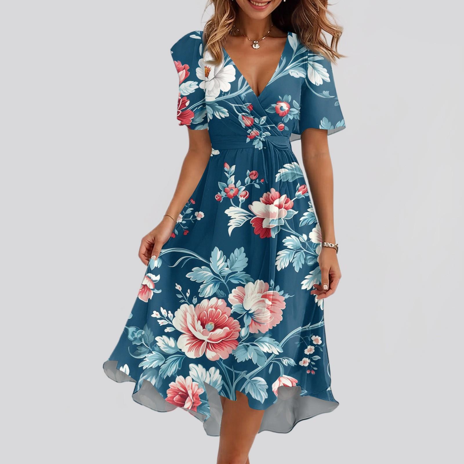 

Женское свободное повседневное платье с V-образным вырезом, расклешенная юбка, короткие рукава, напечатанное платье с принтом XXL