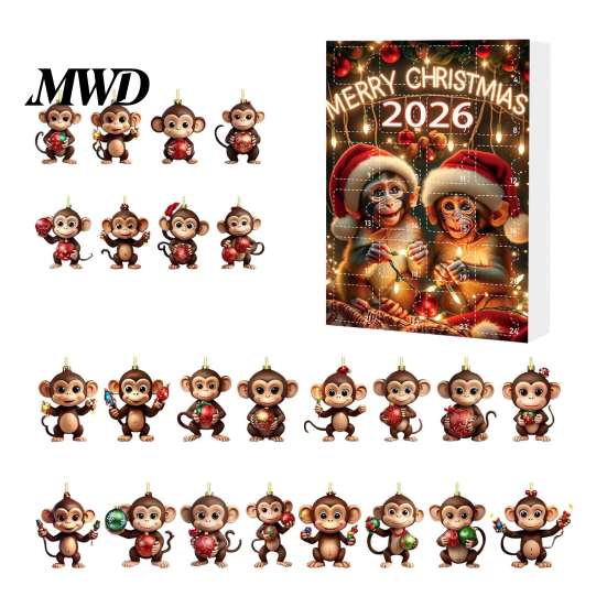 Christmas Tree Decoration Monkey Advent Calendar, 24 Days Countdown Calendar with 2D Acrylic Hanging Pendant Ornament, Funny Animal Xmas for