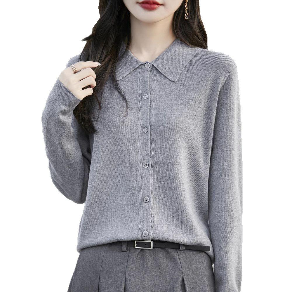 Women's Spring 2025 Lapel Cardigan Sweater - Knitwear Shirt Collar Base Layer or Outerwear Top