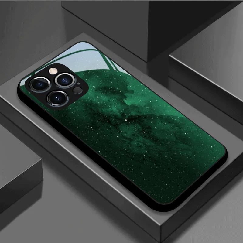 Dark Green Starry Sky Pattern Tempered Glass Black Phone Case For iPhone 11 12 13 14 15 16 17 Pro Max 17 Air 7 8 Plus XS X Cover
